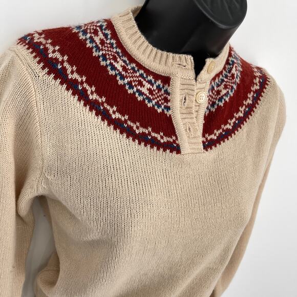 Sears VINTAGE JR Bazaar Sweater Juniors S Fair Isle Beige Burgundy Blue Button - Picture 2 of 7